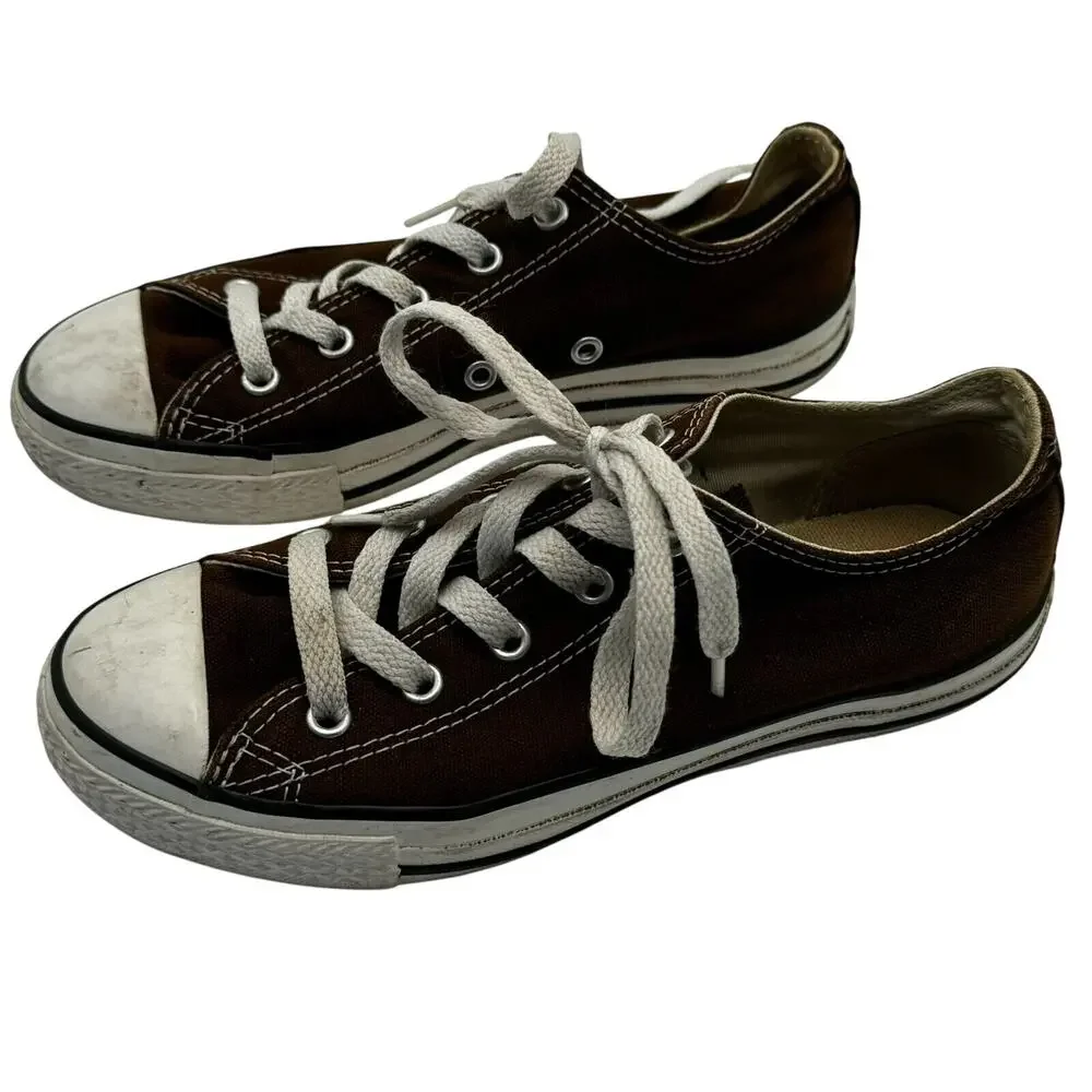 CONVERSE All Star Kids size 2 Brown white Lace Up Low cut top Sneakers‎ Shoes